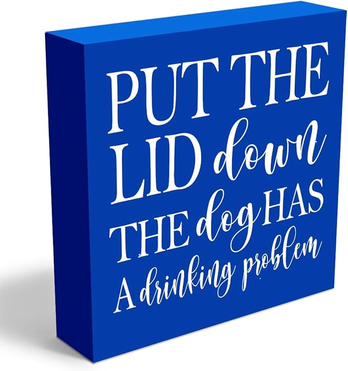 Funny Blue Square Box Sign - Bedroom Bathroom Dining Room Farmhouse Coffee Bar Tabletop Bookshelf Wall Decor - Wooden Box Sign with Toilet Humor Quotes for Home