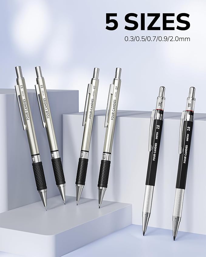 Four Candies 27PCS Art Mechanical Pencil Set with Case, 4PCS Metal Drawing Pencil 0.3, 0.5, 0.7, 0.9 mm & 2PCS 2mm Lead Holder (HB 2H 2B 4B Color) with 552 Graphite Lead Refills for Drawing Sketching