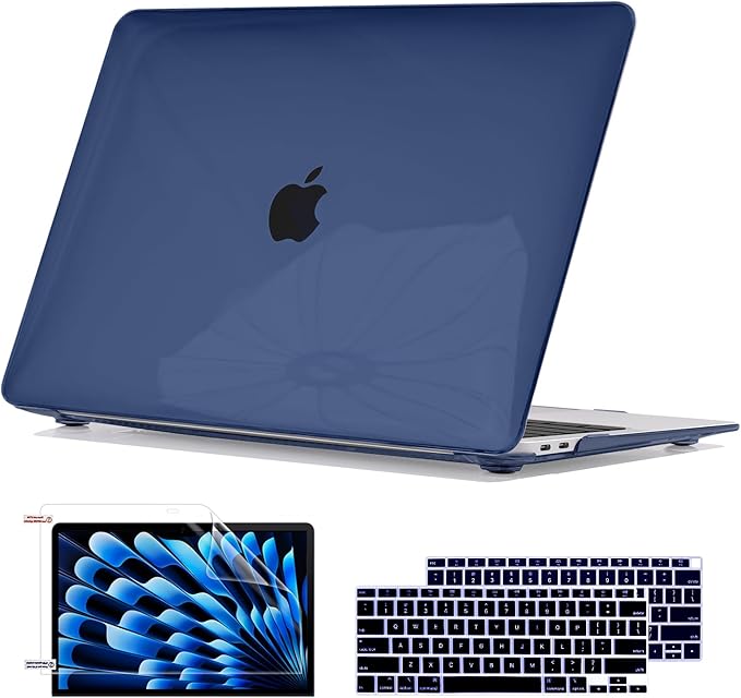 Compatible with 2021 2020 2019 2018 Release MacBook Air 13 inch Case M1 Chip A1932 A2179 A2337, Slim Crystal Plastic Hard Shell Case Keyboard Skin Screen Film Dust Plug Webcam Cover, Navy Blue