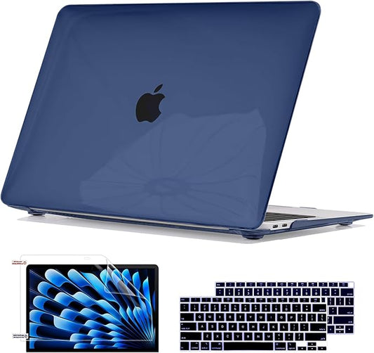 Compatible with 2021 2020 2019 2018 Release MacBook Air 13 inch Case M1 Chip A1932 A2179 A2337, Slim Crystal Plastic Hard Shell Case Keyboard Skin Screen Film Dust Plug Webcam Cover, Navy Blue