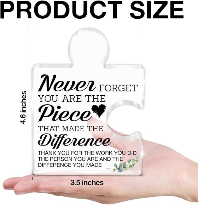 Thank You Appreciation Gifts for Teachers Mentor Nurse, Retirement Goodbye Gift for Coworker Boss, Never Forget You Are the Piece that Made the Difference Acrylic Puzzle Piece Office Desk Decor