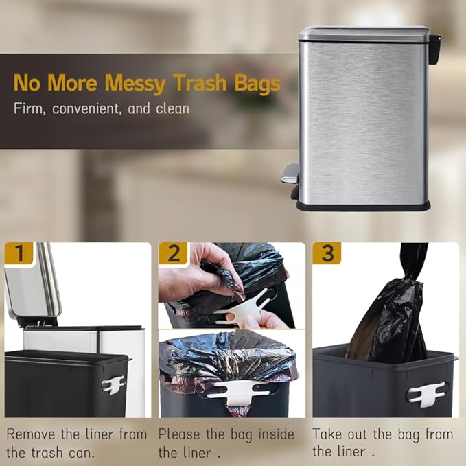 Bathroom Trash Can, 10L/2.6 Gallon Stainless Steel Step Slim Garbage Can, Pedal Trash Bin with Removable Liner Bucket, Soft Close Lid, Rectangle Trash Bin for Office, Kitchen, Bedroom