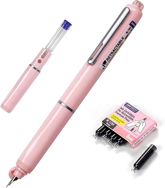 WRITECH Retractable Fountain Pen Set: Black Ink Fine Nib, 5 Refillable Ink Cartridges Included, No Leaking Smooth Writing for Calligraphy Journaling Gift (Pink)
