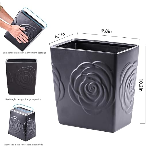 Black Ceramic Rose Small Bathroom Trash Can 2.5 Gal (9 Liter), Heavy Small Kitchen Garbage Bin, Living Room Bedroom Corner Trash Can, Decorative Wastebasket for Outdoor Garden, Home Office,Hotel Motel