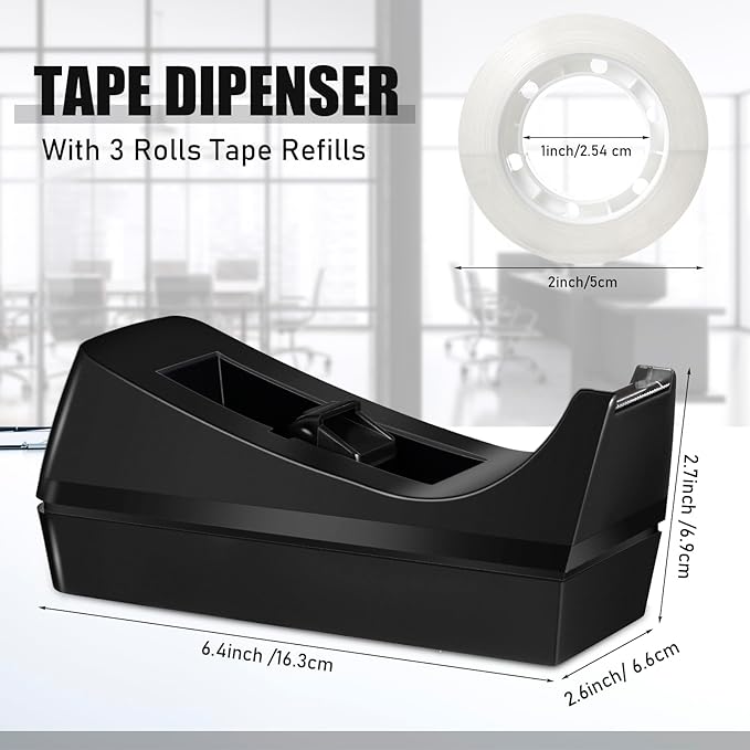 Thenshop 6 Pcs Desk Staplers Tape Dispensers Sets Black Staplers for Desktop Office with Standard Staples Black Holder with White Tape for Office School