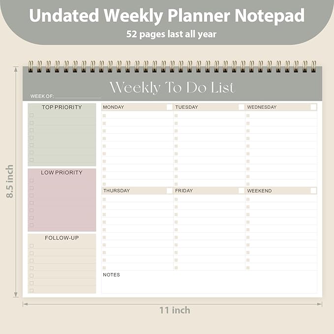 Weekly To Do List Notepad, Undated Planner with 52 Sheets (8.5''x11''), Desk Weekly Planner for Women & Man, Home School & Work