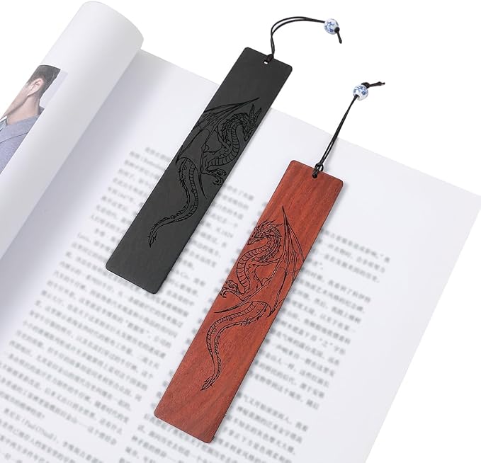 4 Pcs Wooden Bookmark Set, Book Marks for Book Lovers, Unique Bookmarks Gifts for Men Boy (Dragon and Skull)