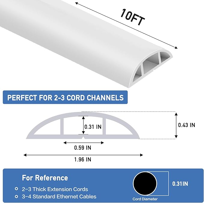 Floor Cord Cover Self Adhesive Cord Hider Floor Extension Cord Covers for Floor Power Cord Protector Cable Management Prevent Cable Trips Cable Cavity 0.59" W x 0.31" H (White, 10Ft)