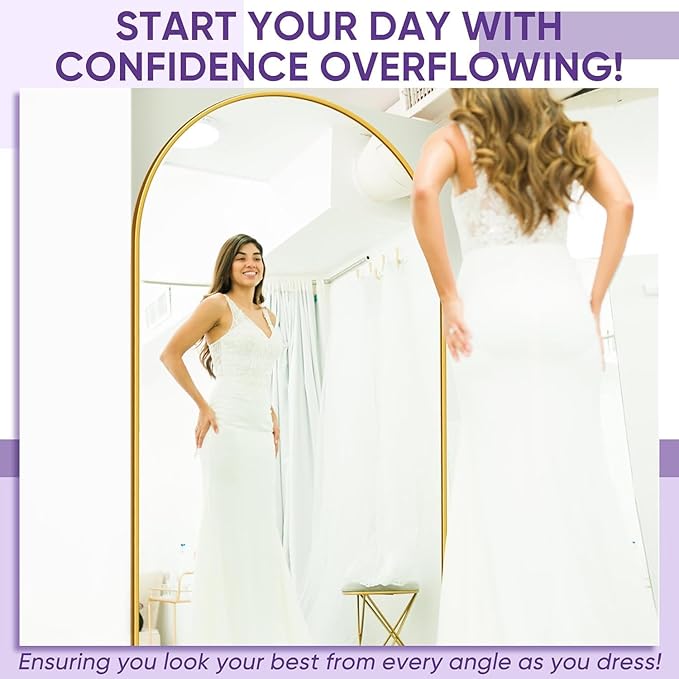 Full Length Mirror, 91"x46" Oversized Floor Mirror Freestanding, Full Body Mirror Floor Standing Mirrors with Stand, Hanging Mounted Mirrors for Bedroom Living Room, Gold, Arched Style