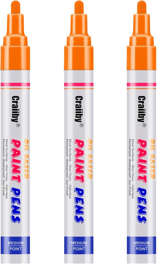 Orange Paint Markers, 3 Pack Oil-Based Waterproof Quick Dry Permanent Paint Pen Set for Rocks Painting, Wood, Fabric, Plastic, Canvas, Glass, Mugs, Metal, Tire, Stone, DIY Craft
