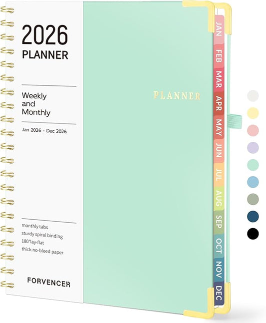 2026 Planner, Forvencer Calendar Planner Weekly and Monthly, January 2026-December 2026, 8.5" X 11", Hardcover Agenda Book with Tabs, Cute Daily Journal Planning with Inner Pocket, Home College Organizer Notebook for Office School Supplies, A4, Mint Green