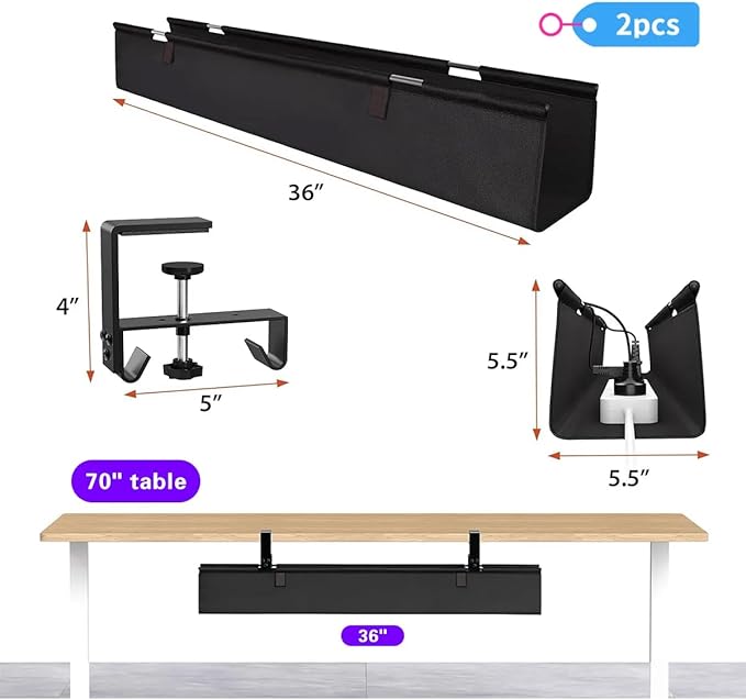 No Drill Under Desk Cable Management Tray, 36" Cord Organizer for Table, Clamp/Screw Mount Desk Cable Management, Premium Fabric Cable Management Tray for Office, Home（Black/2set）