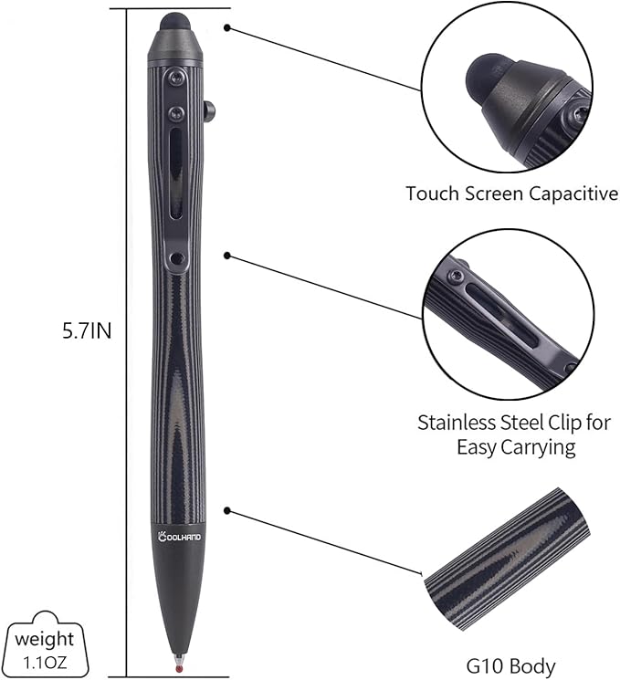 Cool Hand 5.7'' Bolt Action Pens, EDC Ballpoint Ink Refillable, Stylus for Touch Screen, G10 Body w/Pocket Clip, Ergonomic Grip, with a Free Refill, 5374-B