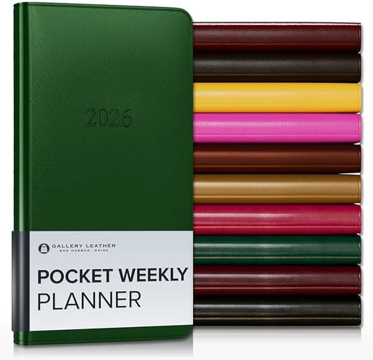 Gallery Leather Pocket Weekly Monthly Planner 2025-2026, Elegantly Bound Calendar Planner and Notebook with Stylish Gold-Gilded Page Edges, 12 Months - Freeport Metallic Hunter - 6 x 3.25 "