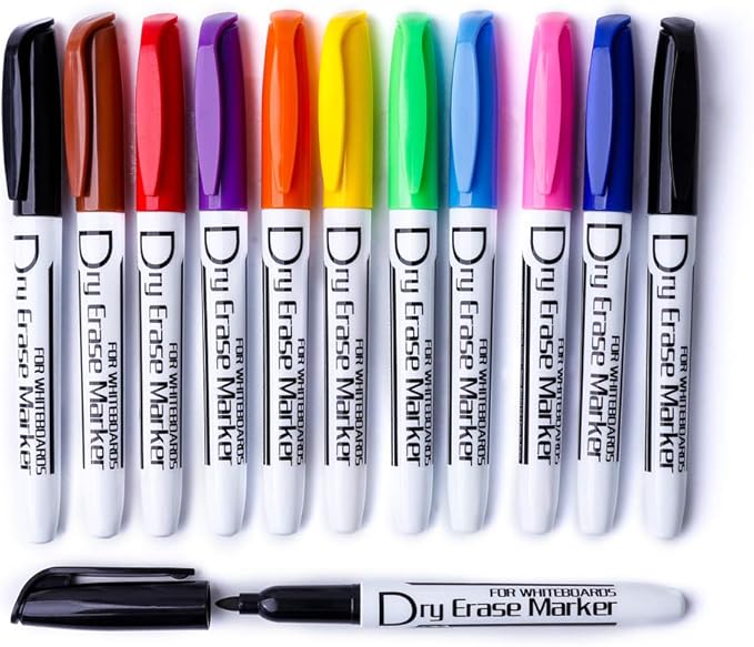 Volcanics Dry Erase Markers Low Odor Fine Whiteboard Markers Thin Box of 12, 10 Colors