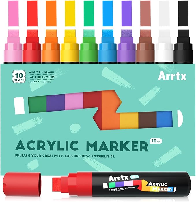 Arrtx 10-Piece Jumbo Acrylic Paint Markers, 15mm Felt Tip, Waterproof, Odorless, Non-Toxic, Multi-Surface Art Supplies for Rock Painting, DIY Crafts Making