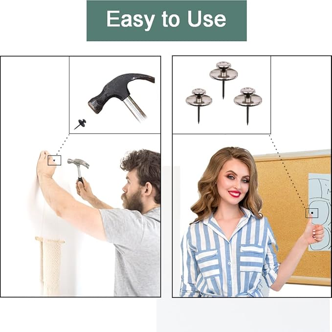 30 PCS Picture Hanger Nails, Double Headed Push Pins Hooks Thumbtacks for Wall Hangings Picture, Decorative Small Hook Pins for Drywall Cork Board Home Office Photo Decorations (Silver)