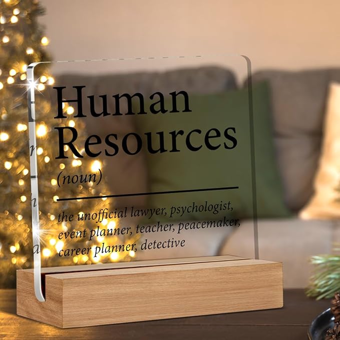 HR Gifts for Men Women HR Appreciation Gifts for Manager Director Human Resources Clear Desk Decorative Sign Acrylic Sign With Wooden Stand for Desk Table Shelf