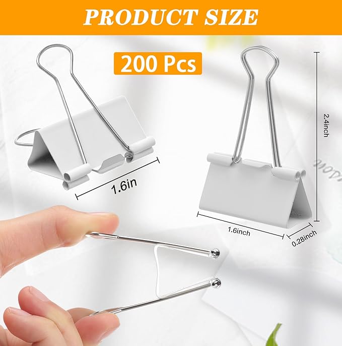 Jetec 200 Pcs 1.6in/41mm Metal White Binder Clips Bulk Medium Reusable Fold Back Binder Clips Paper Clamps Spring Steel Sturdy for Home School Office Supplies