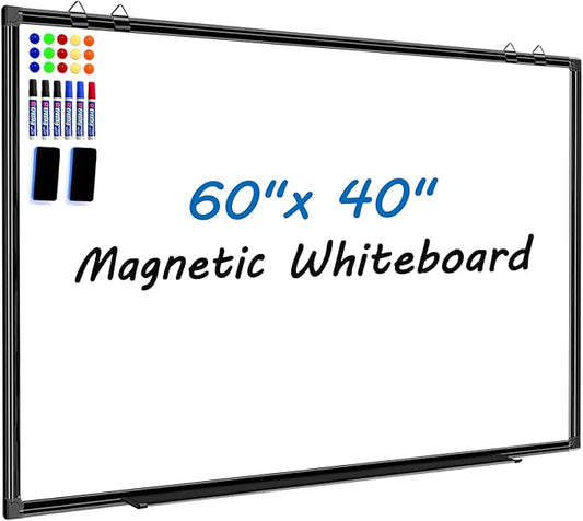 H-Qprobd Large Magnetic White Board Dry Erase Whiteboard with Black Aluminum Frame, 60"X40" Hanging White Boards for Wall with Long Pen Tray, Presentation Board for Office Classroom Home