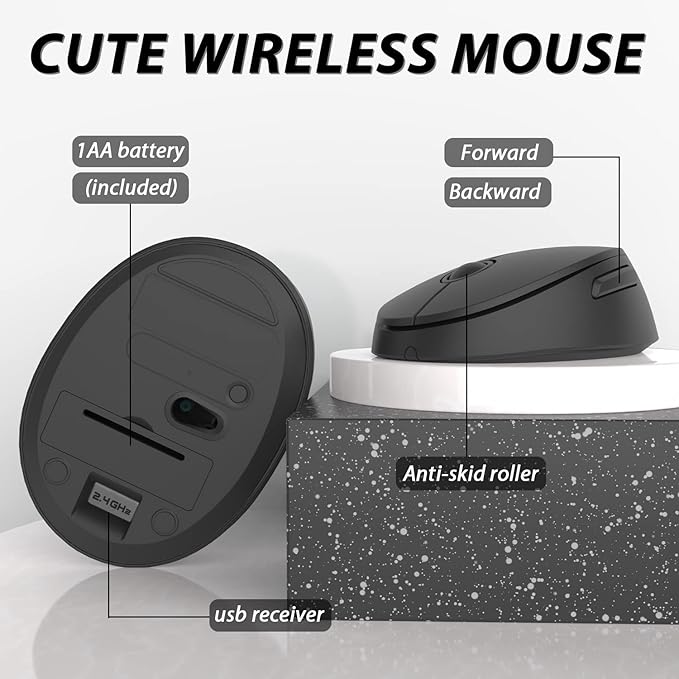 Wireless Keyboard and Mouse, KOOTOP Cute Black Keyboard and Mouse, 2.4G Wireless Keyboard with Retro Round Keycap for PC, Mac, Laptop,Tablet,Computer Windows (Black)