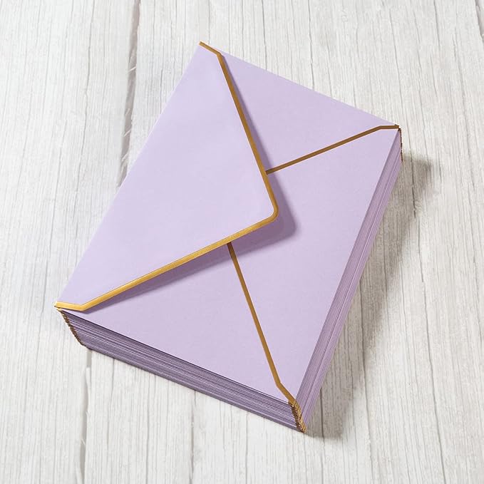 100 Pack A7 Envelopes 5 x 7 Card Envelopes V Flap with Gold Border for Office, Wedding Gift Cards, Invitations, Graduation, Baby Shower, Parties, 5.32 x 7.28 Inches (Violet)