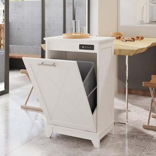 Tilt Out Trash Cabinet, Kitchen Trash Can Cabinet w/Negative ion and deodorizing Function, Dog Proof 20 Gallon Garbage Can Cabinet for Kitchen, Bathroom, Living Room, White