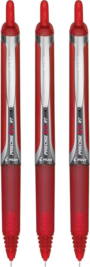 Precise V5 RT Retractable Rolling Ball Pens, Extra Fine Point (.5mm), Red Ink, 3-pk; Premium Comfort Grip, Bundle with Plastic Reusable Pouch