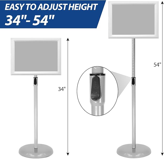 SENZHIYI Adjustable Poster Stand Holder Heavy Duty Snap Open Aluminum Pedestal Floor Standing Sign Holder Vertical and Horizontal View Sign Displayed (Silver, 11x17inches)