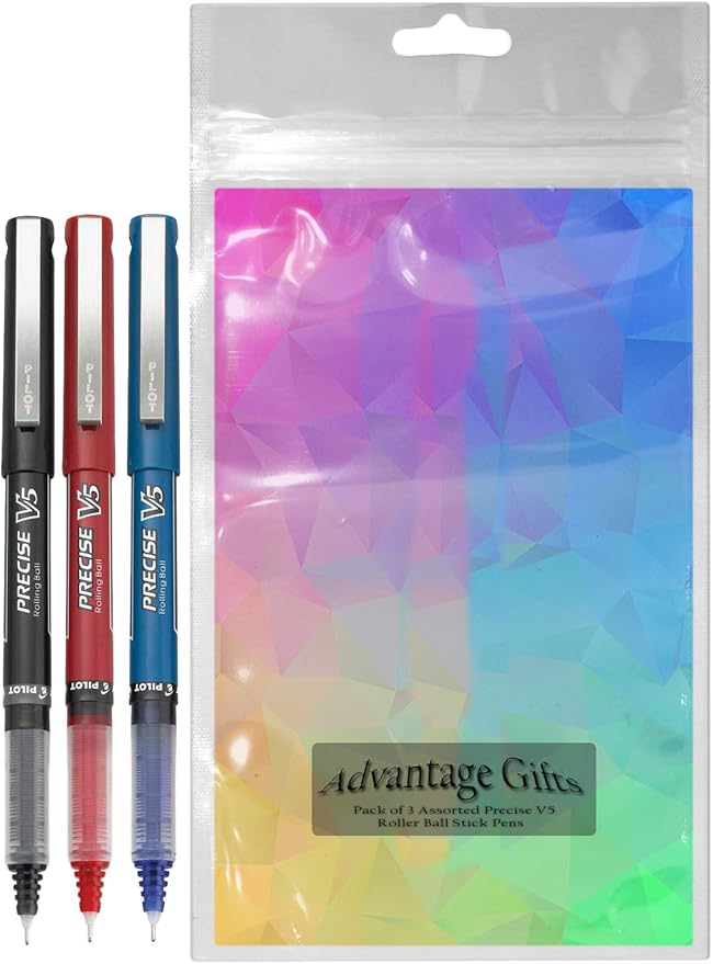 Precise V5 Stick Rolling Ball Pens, Extra Fine Point (.5mm), Assorted Colors Black/Blue/Red Ink, 3-pk; Bundle with Plastic Reusable Pouch