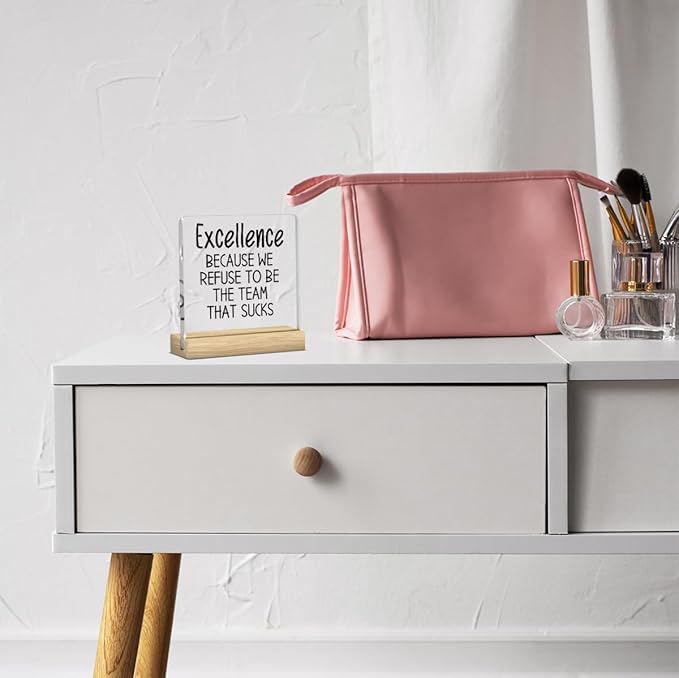 Funny Office Decor, Team Gifts for Employees, Best Team Gift, Boss Gifts for Women Men, Excellence Because We Refuse to Be The Team That Sucks, Acrylic With Wooden Stand for Office Desk Table Shelf