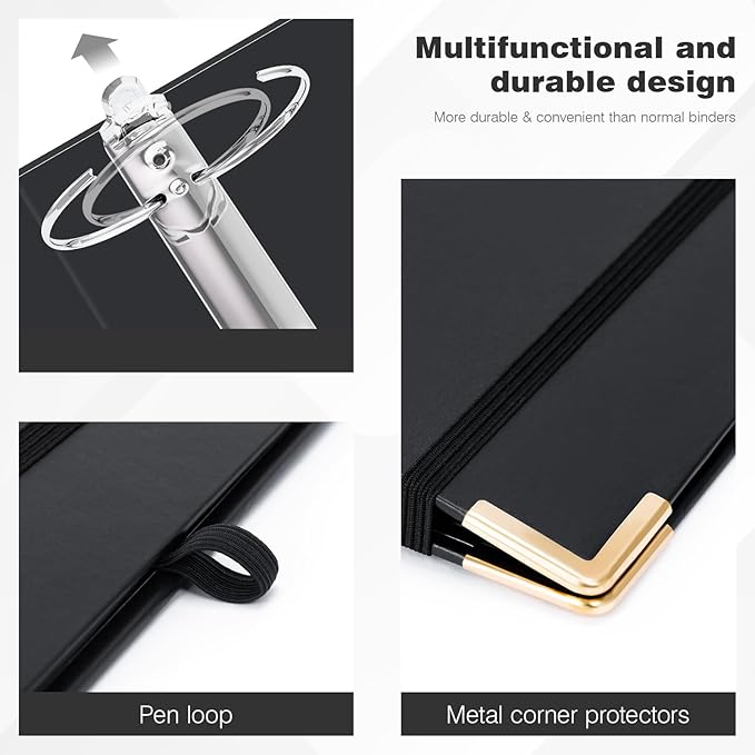 Ospelelf 3 Ring Binder, 3 Inch, Cute Letter Size (11" x 8.5") with 5 Tab Dividers, File Folder Labels and Low Profile Clipboards, Black Binder for School and Office Supplies