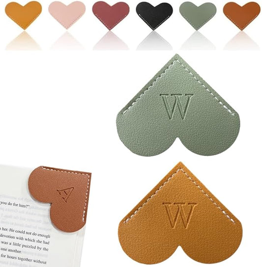 Personalized Leather Heart Bookmark, 26 Letters Customized Corner Book Mark for Reading Women, Book Marker with Initials，Cute Gifts (Green+Light Brown, W)