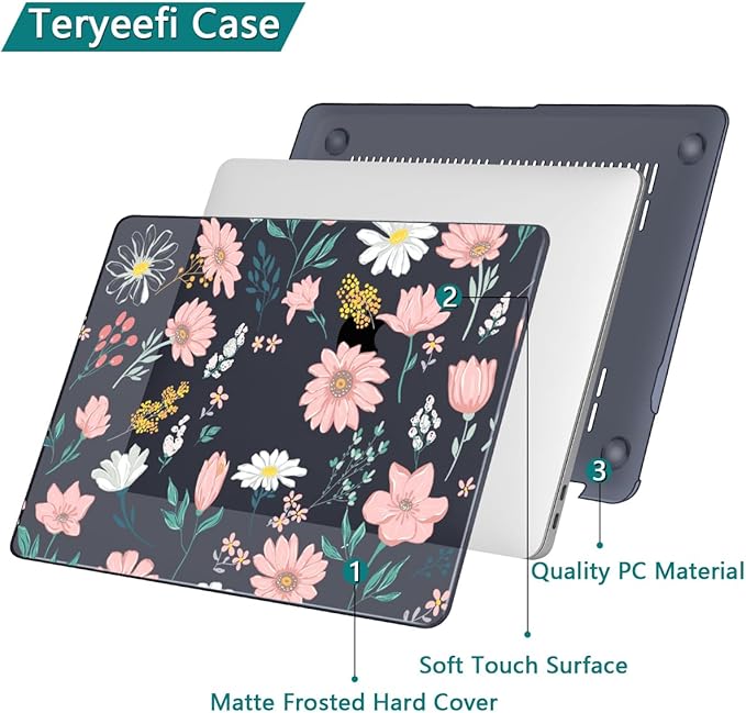 Teryeefi Design Case for MacBook Pro 13 inch M2 M1 A2338 A2251 A2289 A2159 A1989 A1706 (2016-2022,2024 Released), Shockproof Hard Shell for 13 inch MacBook Pro - Petal and Flowers