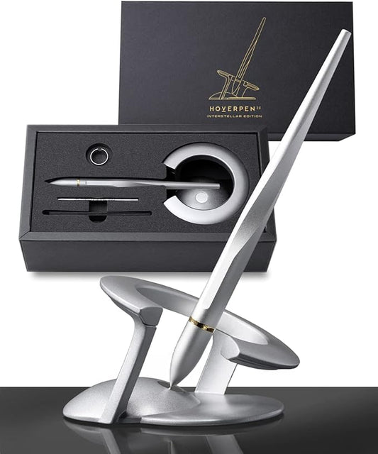 novium Hoverpen Interstellar - Luxury Pen Made With Aerospace Alloys, Unique Aesthetic, Free Spinning Executive Pen, Desk Decor (Starlight Silver, 18K-Gold)