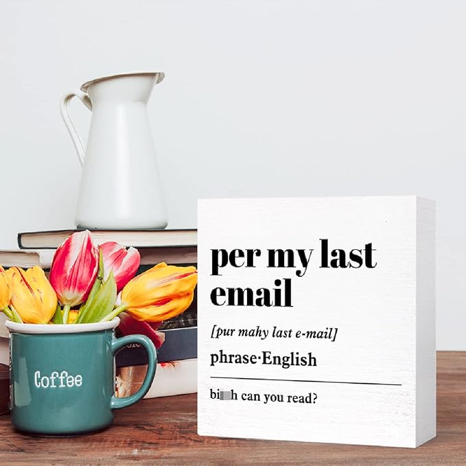 Funny Wooden Block Sign - 'Per My Last Email' Definition Humorous Desk Decor for Home Office Cubicle, Office Gift