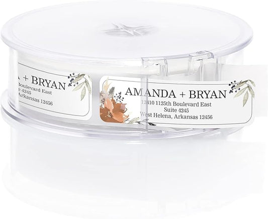 Indie Floral Rolled Address Labels/Roll of 500 Personalized Return Address Labels/Designer Return Address Stickers in Elegant Plastic Dispenser