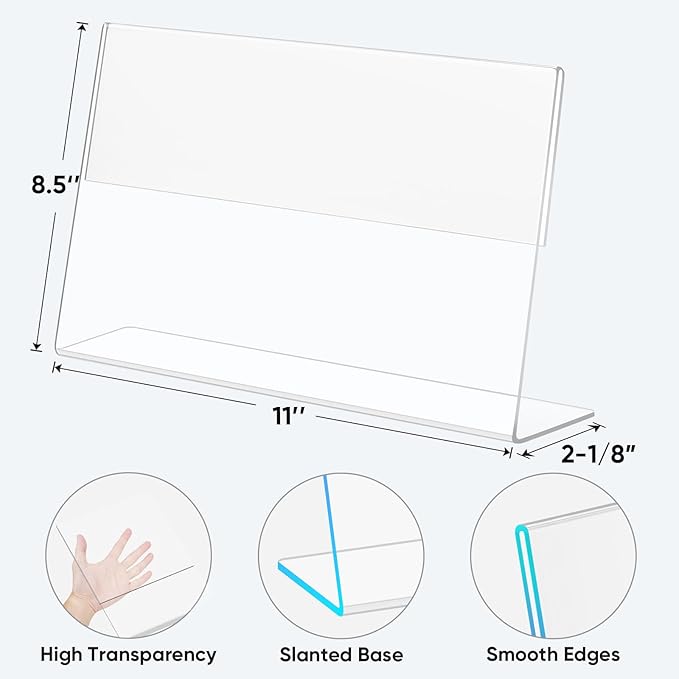 TICONN 11 x 8.5 Acrylic Sign Holder, L Shape Clear Sign Stand for Displaying, Plastic Paper Holder for Office, Store, Restaurant (Horizontal 6 Pack)