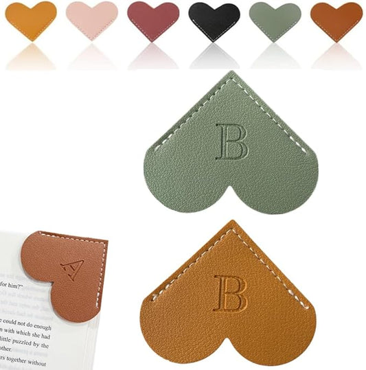 Personalized Leather Heart Bookmark, 26 Letters Customized Corner Book Mark for Reading Women, Book Marker with Initials，Cute Gifts (Green+Light Brown, B)