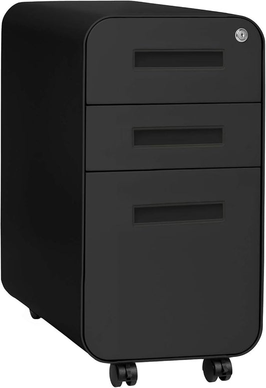 Laura Davidson Furniture Stockpile Slim 3-Drawer Mobile File Cabinet with Lock - Under Desk Metal Filing Cabinet, Legal/Letter File Folders, Wheels and Stationary Feet, Pre-Assembled, All Black