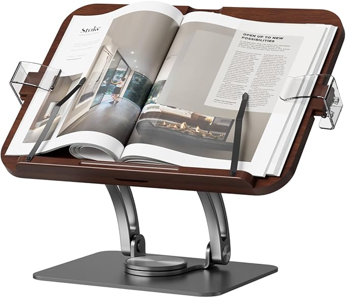 Adjustable Book Stand with 360 Swivel Base, Foldable Cookbook Stand for Recipe Books, Laptops, Textbooks