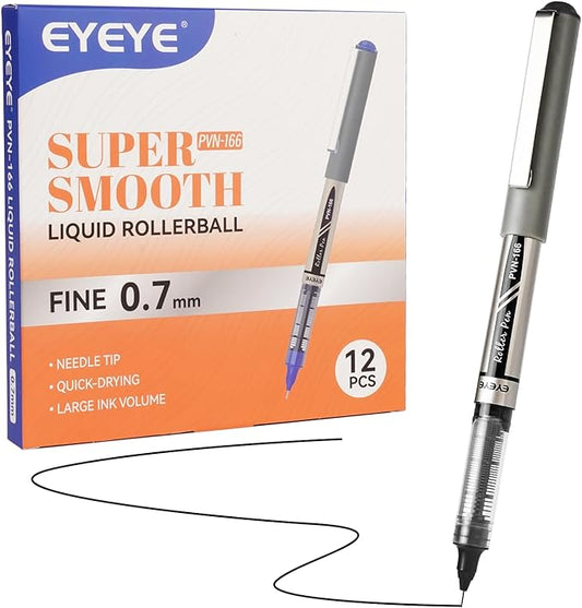 EYEYE Black Rollerball Pens 0.7mm Needle Tip 12 Pack, Medium Point Pen Quick Dry, Liquid Ink Pens Fine Point Smooth Writing Pen for Journaling, Note Taking, Office, School Supplies