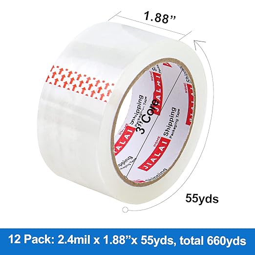 12 Rolls Clear Packing Tape, Heavy Duty Packaging Tape with Dispenser,1.88In x 55Yd,2.4Mil Thick Industrial Grade Transparent Tape Refills for Shipping,Moving,Sealing and storages