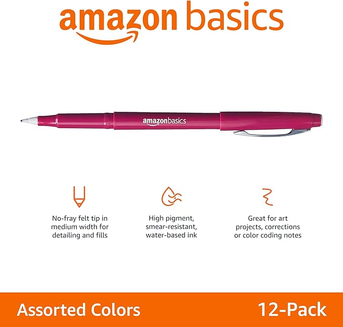 Amazon Basics Felt Tip Marker Pens, Versatile for Writing, Drawing, and Journaling, Assorted Colors, 12-Pack