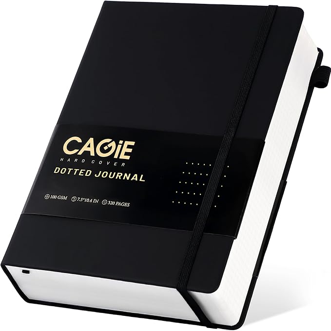 CAGIE Bullet Dotted Journal Notebook 320 Pages 100 GSM Paper Hardcover B5 Dot Grid Notebook Leather Journals for Writing Women Men Work Journaling, Black