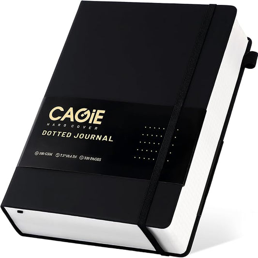 CAGIE Bullet Dotted Journal Notebook 320 Pages 100 GSM Paper Hardcover B5 Dot Grid Notebook Leather Journals for Writing Women Men Work Journaling, Black