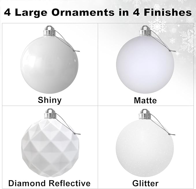 White 4.0" Large Christmas Balls - Christmas Tree Decoration Ornaments Shatterproof Hanging Balls for Birthday Halloween Holiday Wedding Decorations Set of 4pcs