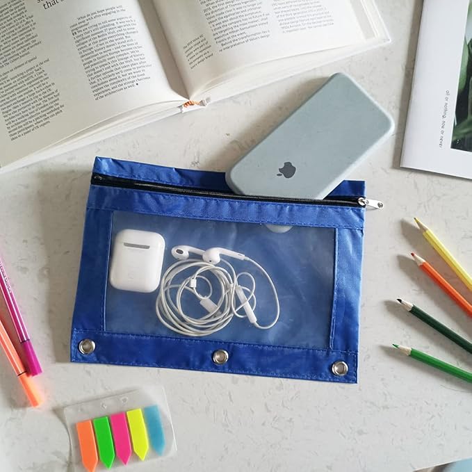 YoeeJob Binder Pouches for 3 Ring Binder, Pencil Pouch Pen Holder Case with Clear Window, Zipper Stationery Bag for School Class Office,24 Pack, Blue