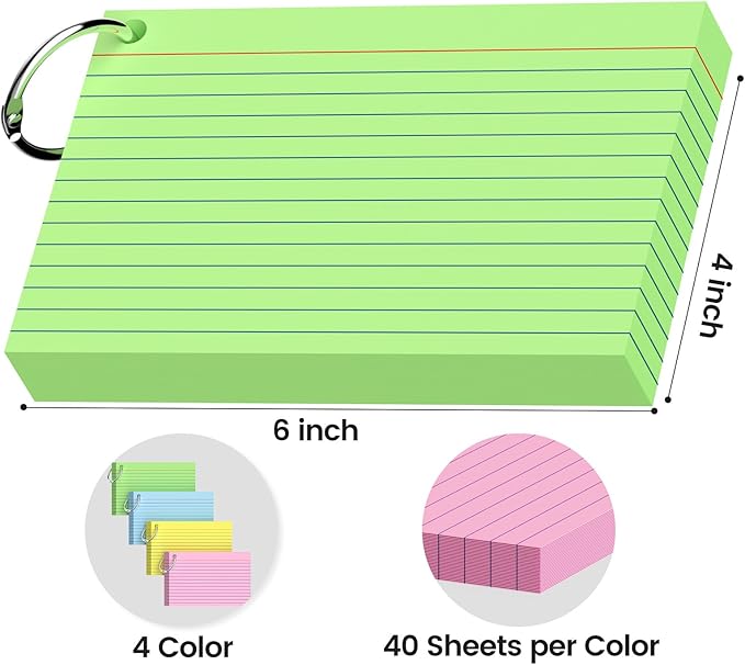 160-Pack Colored Index Cards 4x6 Inch w/Key Ring – 180gsm Heavyweight Flashcards – 4 Vibrant Colors Flash Cards (Pink Blue Green Yellow) – Perfect for Study, Notes & Memory, Students School Supplies