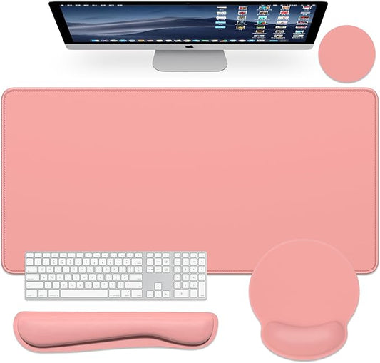Dapesuom Large Gaming Mouse Pad, Mouse Pads with Wrist Rest Wrist Support, 4in1 XXL Desk Mat Desk Pad + Ergonomic Mousepad + Memory Foam Keyboard Mat Wrist Rest + Coaster Set for Computer, Rose Pink